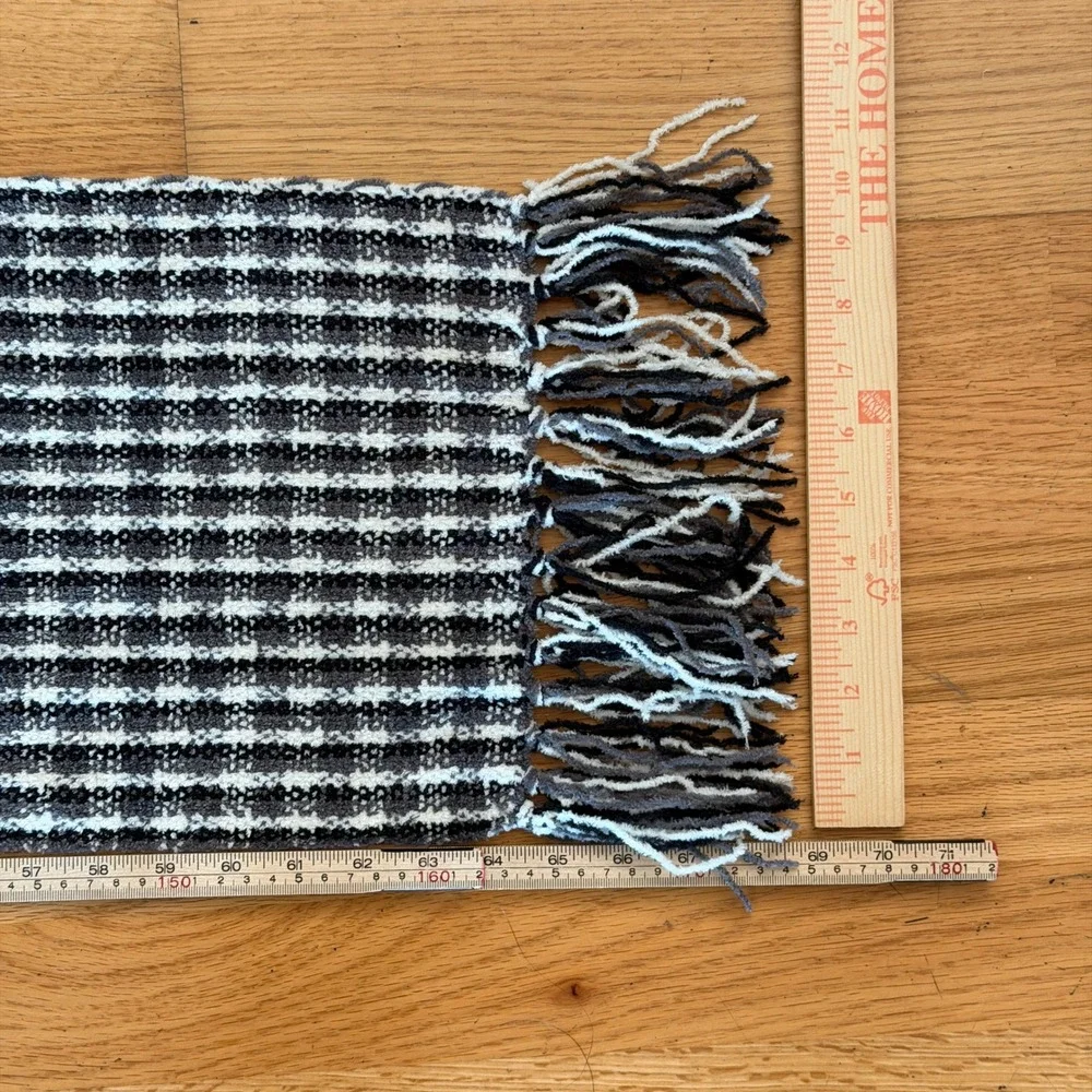 Woven Plaid Fringed Scarf Black White Grey Knit Winter Wrap Dark Academia Cozy